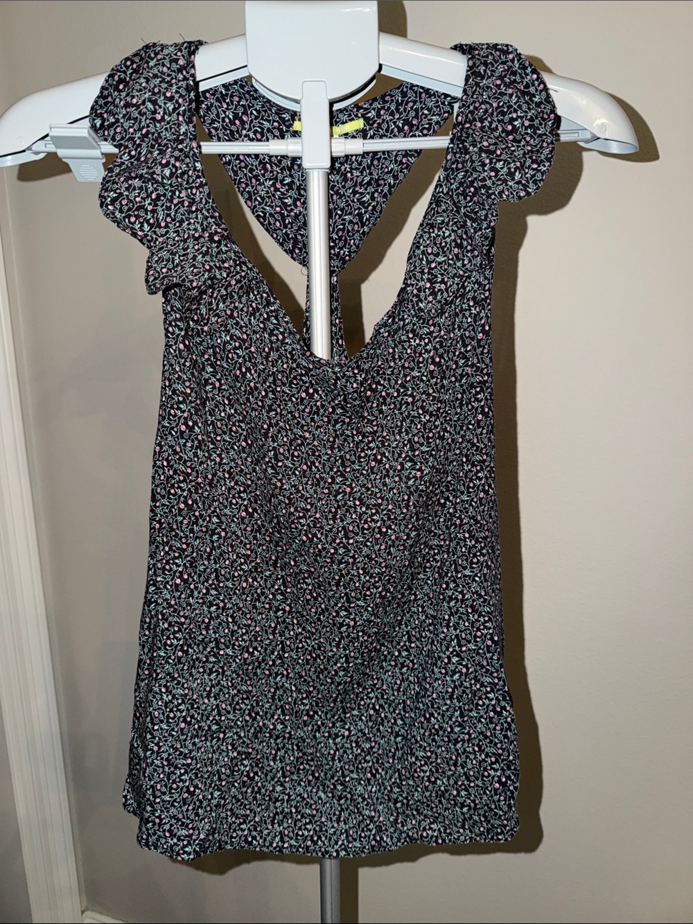 Gianni Bini Black Floral Print Top with Pink and Teal Accents